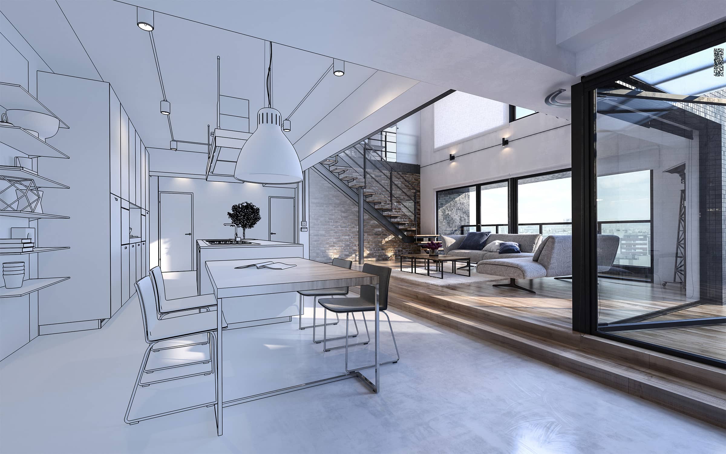 Image of a sketch transitioning into a realistic architectural rendering.