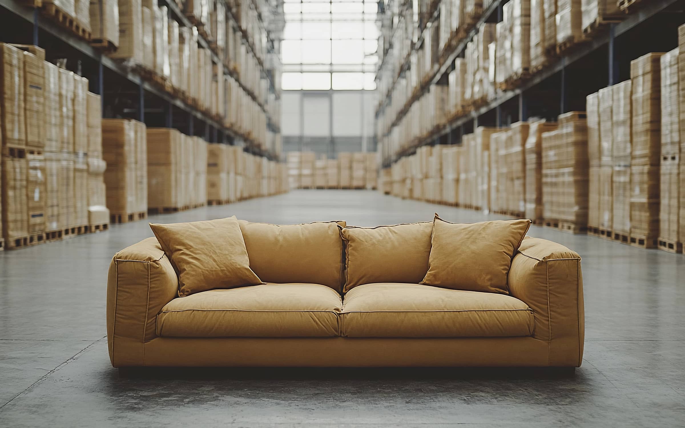 Image of a couch in a large warehouse getting ready for delivery.