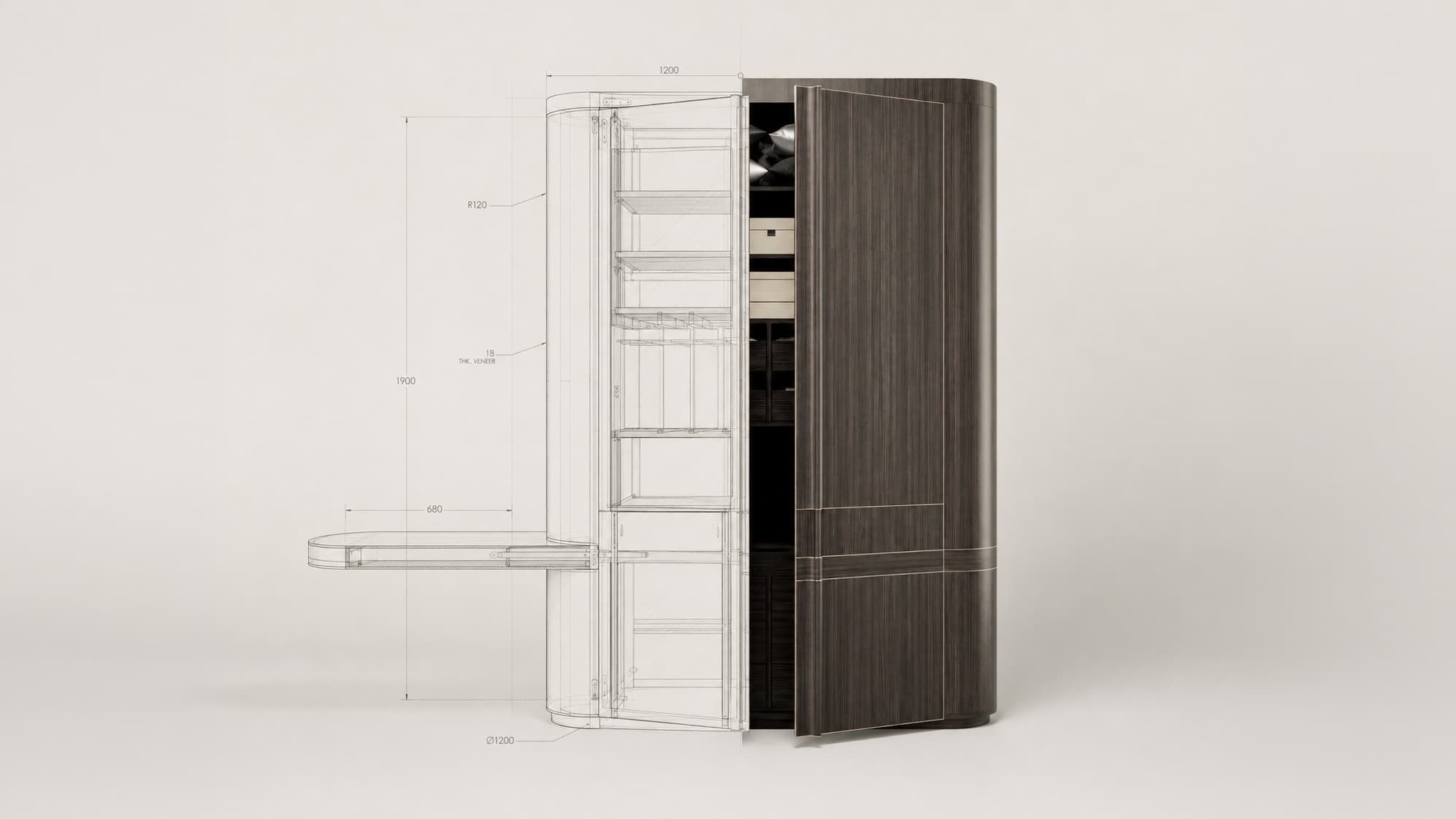 A design graphic for a luxury custom cabinet for a primary suite.