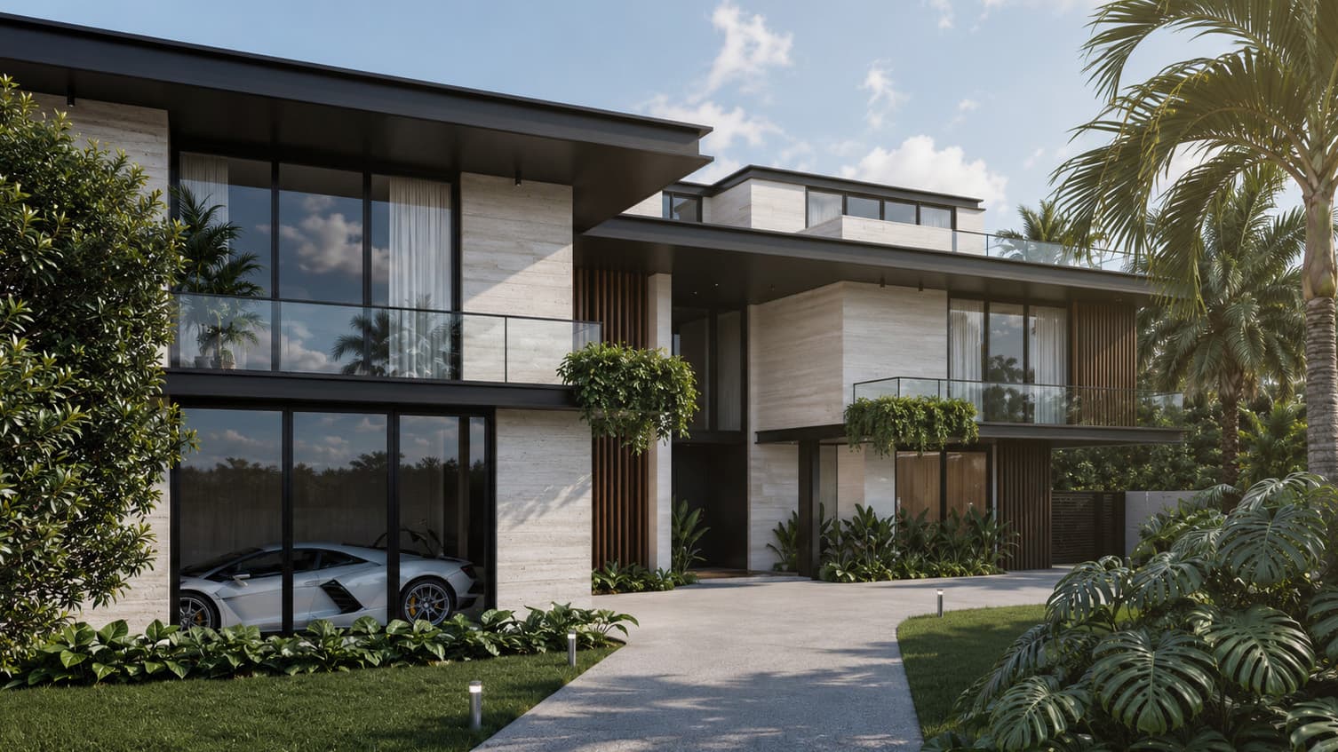 Exterior view of a luxury modern estate full home renovation featuring a stone travertine facade, bold black steel rooflines, and expansive glass walls.