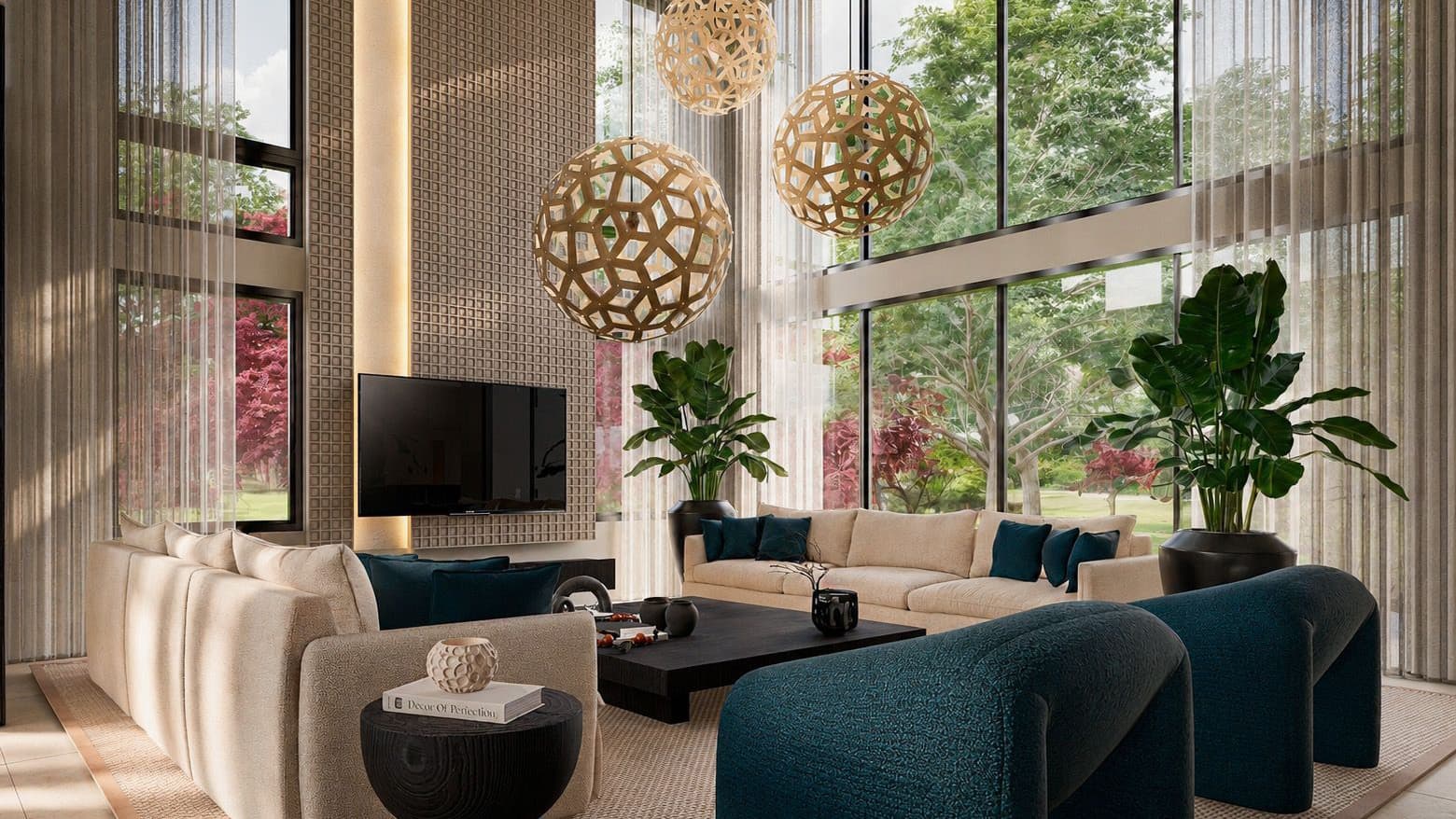 Interior view of a new construction luxury double-height living room featuring an open-concept layout.