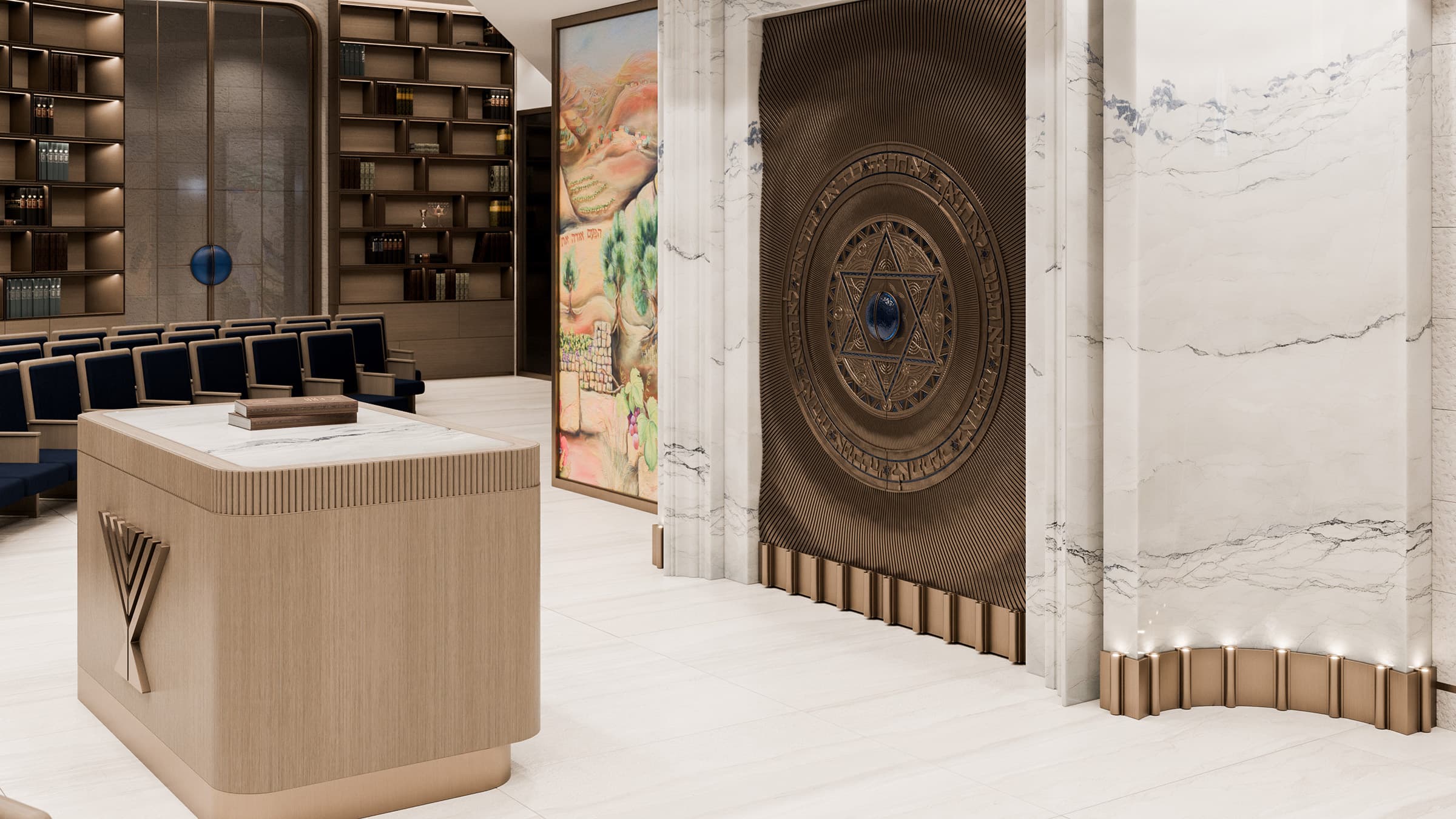Sanctuary interior at The Shul of Bal Harbour with an engraved bronze ark, bookmatched marble surround, oak bimah, and curved library wall.