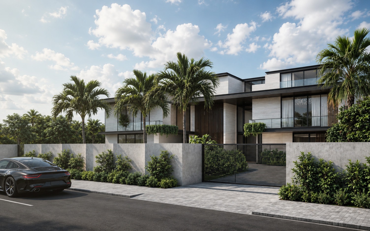 Street view of a luxury South Florida residence designed by Sarvian Design Group