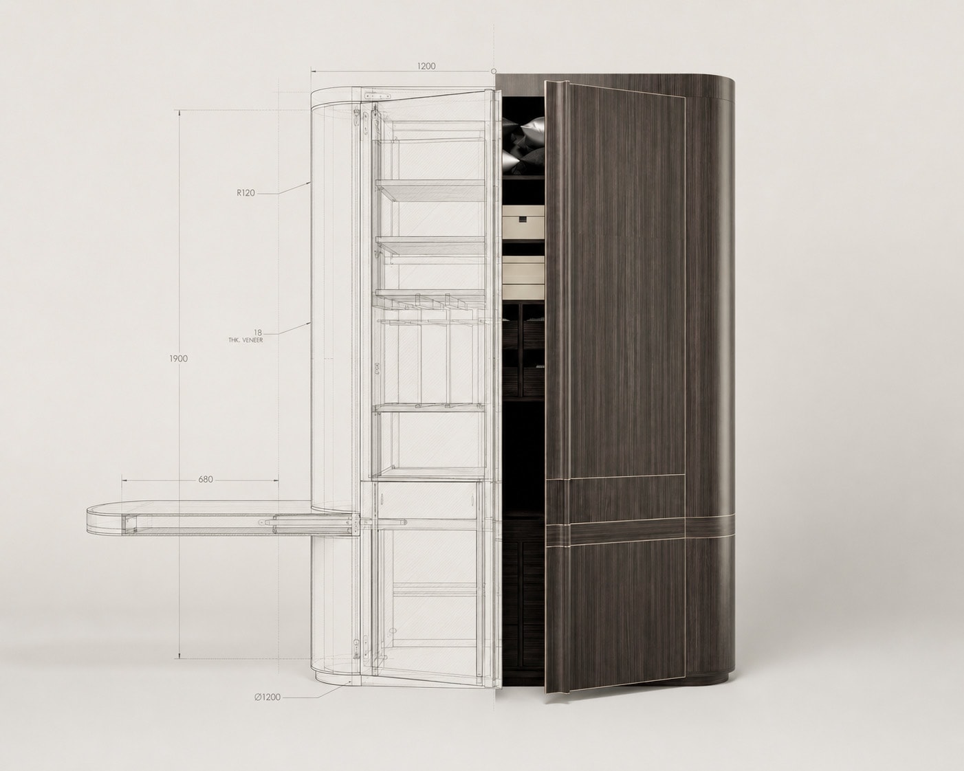 A conceptual product design graphic for a luxury custom cabinet, split down the center. The left side displays a detailed technical wireframe drawing with architectural measurements and millimeter dimensions, while the right side shows the completed 3D rendering of the bespoke dark wood veneer armoire with a partially open door.