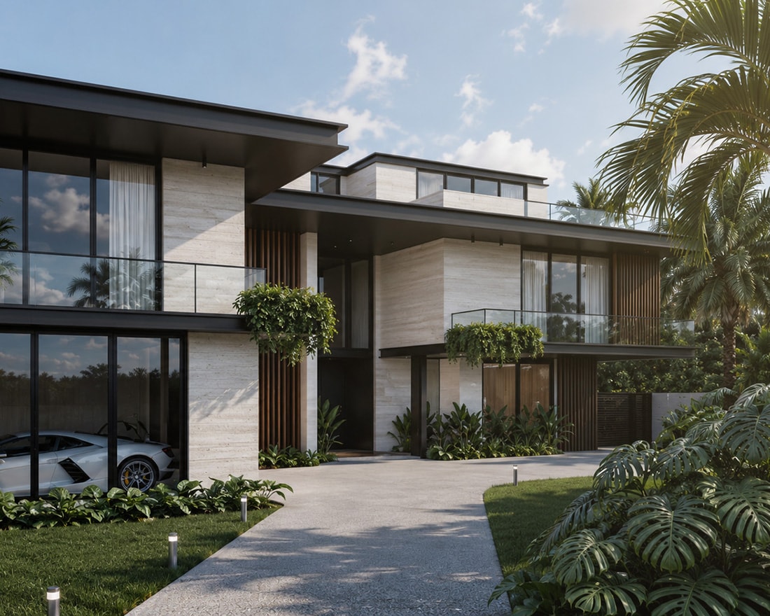 Exterior view of a luxury modern multi-story estate renovation featuring a stone travertine facade, bold black steel rooflines, and expansive glass walls. The structural layout includes private balconies with glass railings, integrated wood slat accents, tropical landscaping, and a view of a silver sports car parked in an integrated glass garage.