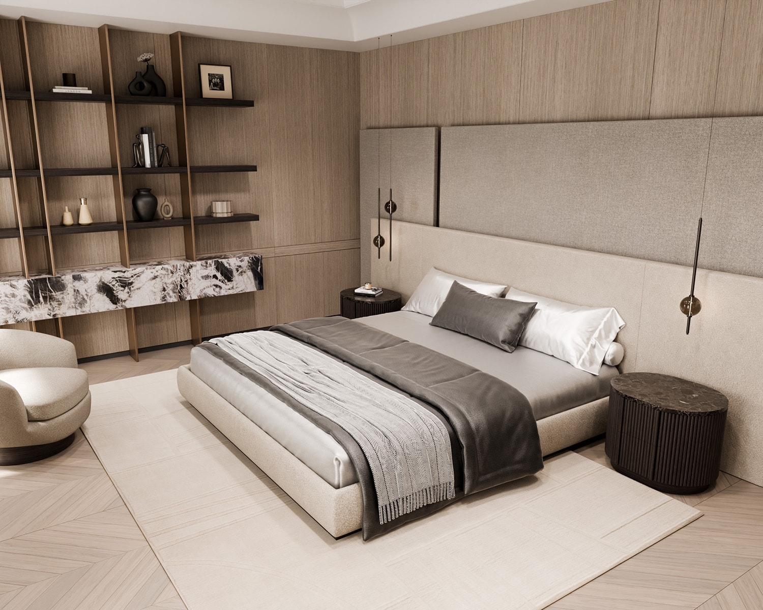 High-end modern primary suite transformation featuring a low-profile upholstered bed with monochromatic grey and white linens. The fully realized bedroom includes floor-to-ceiling wood wall paneling, fluted drum nightstands with dark stone tops, minimalist pendant lights, an open display shelving unit accented with a heavily veined marble ledge, chevron wood flooring, and a plush area rug.